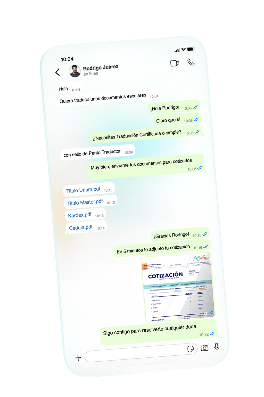 Conversación de WhatsApp para cotizar una traducción